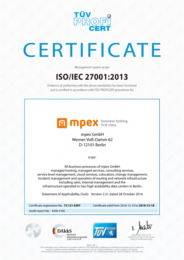 ISO 27001:2013 Information Security Certificate for mpex