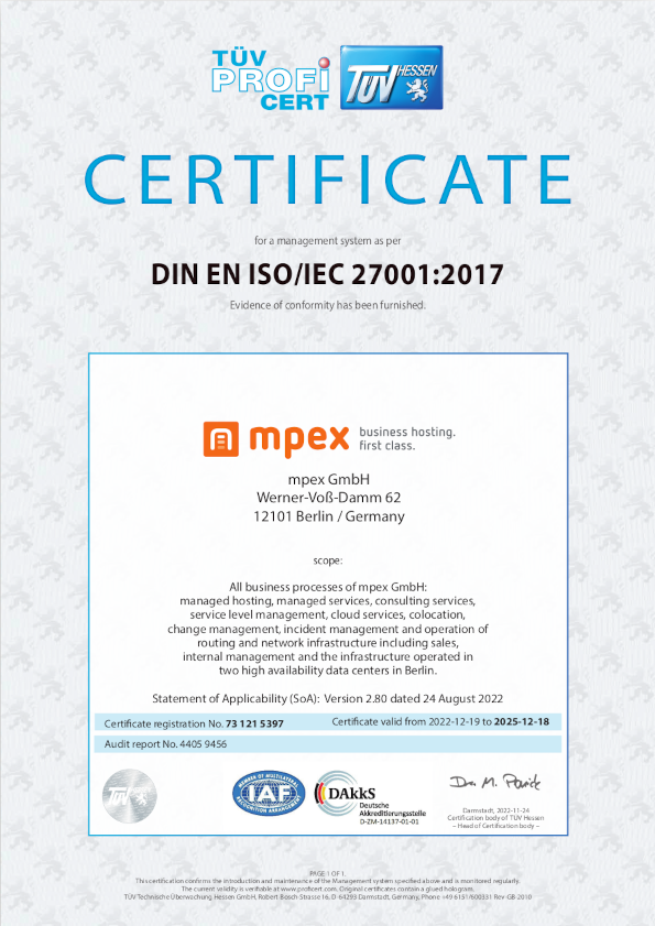 ISO 27001:2017 Information Security Certificate for mpex