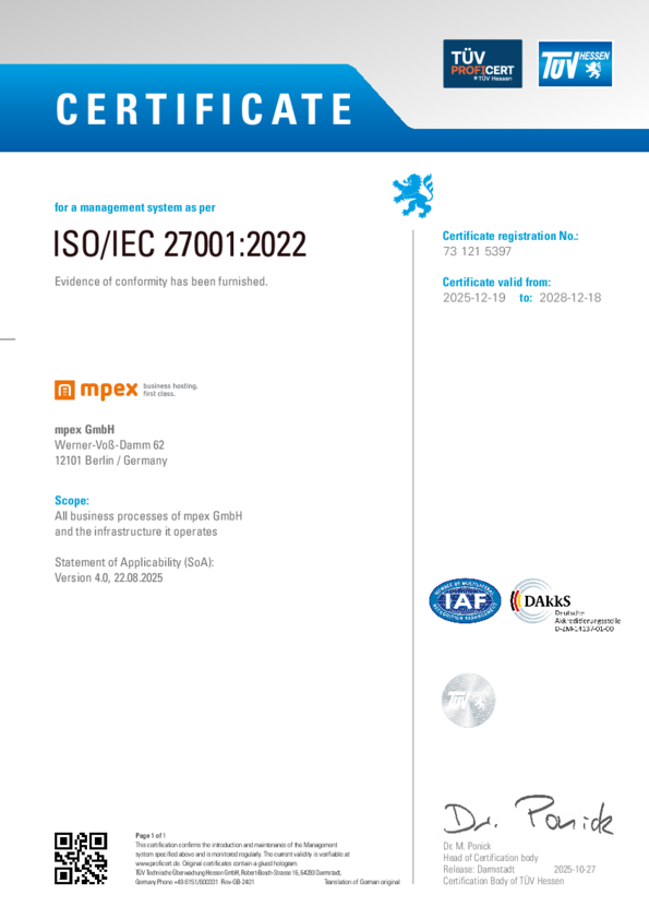 ISO 27001:2022 Information Security Certificate for mpex